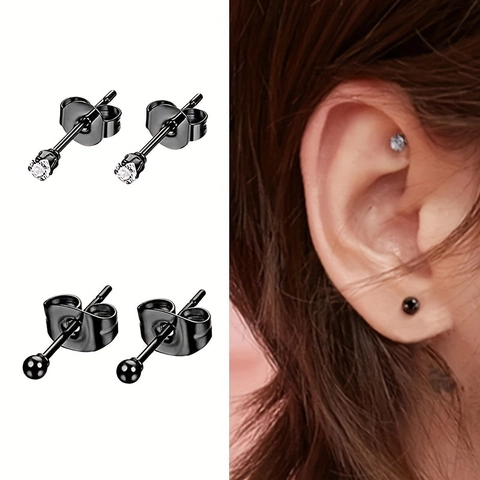 Stainless Steel Stud Earrings Set Black Square Round Zirconia Inlaid Geometric Studs For Men Women Fashion Jewelry