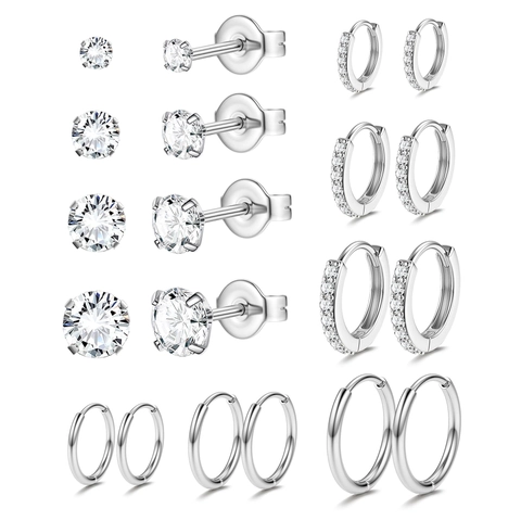 316L Chirurgischer Edelstahl Ohrring Set Solitär Zirkonia Ohrstecker Und Runde Creolen Für Unisex Body Piercing Schmuck