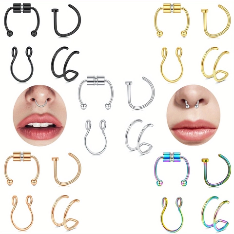 Stainless Steel Magnetic Nose Rings Horseshoe D Ring U Ring Double Ring Faux Nose Clips Piercing Jewelry For Women Men Non Piercing Clip On Nose Hoop