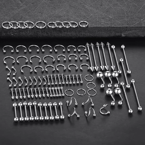 Assorted Stainless Steel Body Piercing Kit Round Ball Cone Spike Stud Earrings Nose Lip Rings For Men Women Punk Jewelry Set