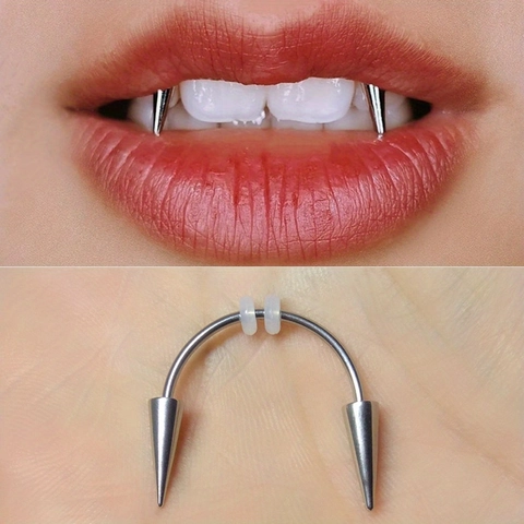 Vampire Teeth Lip Rings Stainless Steel C Shaped Smiley Piercing Jewelry Spike Fangs With Silicone Rings Halloween Party Gift Unisex