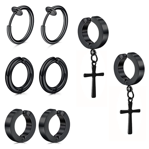 Multi Style Non-pierced Ear Clips Set Stainless Steel Black Cross Pendant Hoop Earrings For Men Women Cool Street Jewelry