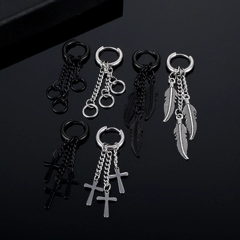 Punk Stainless Steel Tassel Chain Hoop Earrings With Feather Cross Pendants Hip Hop Surgical Steel Long Dangle Earrings Unisex