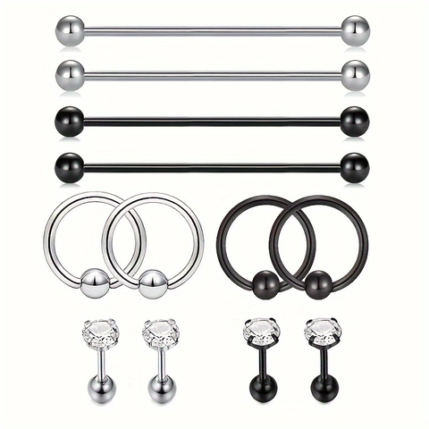 Stainless Steel Piercing Jewelry Set Zircon Stud Earrings Industrial Barbells Captive Bead Rings For Men Women Body Jewelry