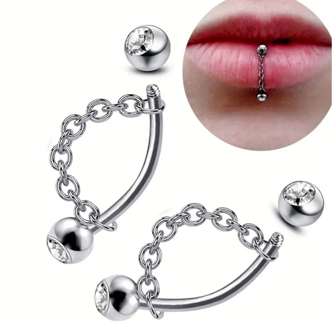 Stainless Steel Lip Ring Chain Eyebrow Stud Rhinestone Inlaid Punk Body Piercing Jewelry Unisex Polished Silver Lip Chain