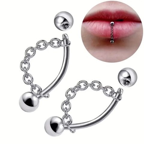 Stainless Steel Lip Ring Chain Eyebrow Stud Rhinestone Inlaid Punk Body Piercing Jewelry Unisex Polished Silver Lip Chain