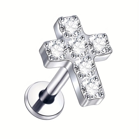 G23 Titan Zirkonia Kreuz Labret Stecker Innengewinde Flache Rückseite Piercing Schmuck Für Herren Damen Silber Ohrring