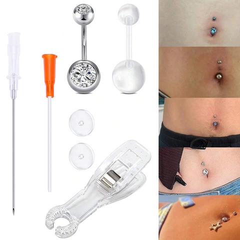 Professional Body Piercing Kit Stainless Steel 14G Needle Acrylic Clamp Clear Zirconia Belly Rings For Women Men Jewelry