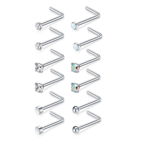 Juego de Pernos de Nariz de Acero Inoxidable 316L Con Zirconia Cúbica Tipo L y Tornillo Joyería de Piercing para Mujer Hombre Moda