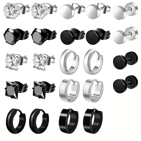Punk Edelstahl Ohrring Set Für Herren Damen Zirkonia Stecker Und Huggie Creolen Geometrischer Schmuck
