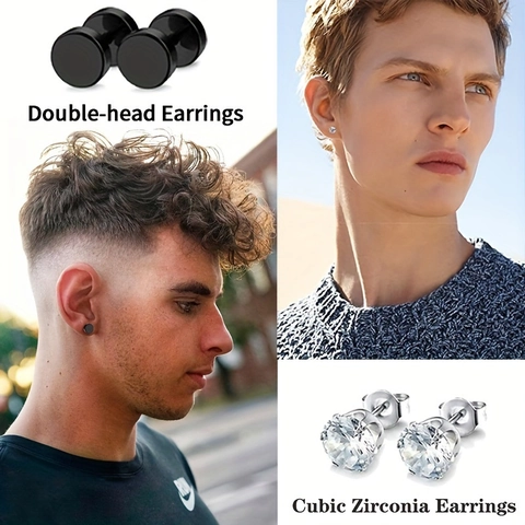 Punk Edelstahl Ohrring Set Für Herren Damen Zirkonia Stecker Und Huggie Creolen Geometrischer Schmuck