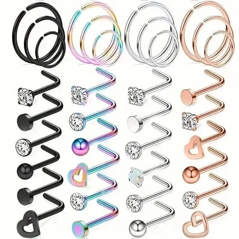 316 Edelstahl Zirkonia Nasenring Stecker Set Für Damen 20G L-Form Piercing Schmuck Herz Rund Mehrfarbiges Set
