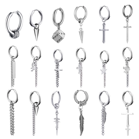 Punk Gothic Stainless Steel Hoop Earrings For Women Men Silver Cross Sword Skull Star Feather Dangle Drop Earring Jewelry