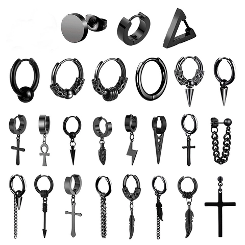 Boucles d'Oreilles Clous en Acier Inoxydable Punk pour Hommes Femmes Noir Argent Or Croix Plume Éclair Bijoux