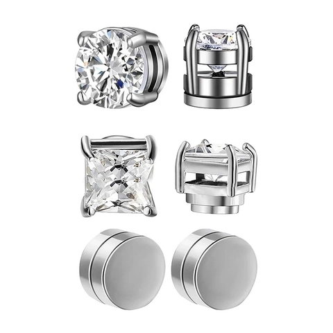 Non Pierced Stainless Steel Magnetic Stud Earrings For Men Women Round Square Zirconia Punk Gothic Viking Rune Pattern Jewelry