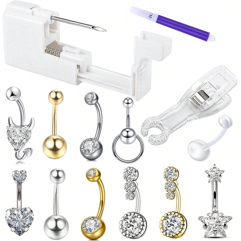 Kit de Pistolet Auto-Perçage du Nombril Avec Anneaux en Acier Inoxydable et Zircone Cubique Outil de Piercing Marqueur Pince Bijoux de Corps Femme