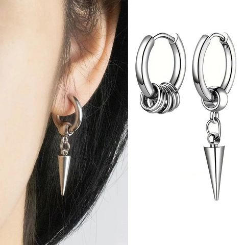 Asymmetric Stainless Steel Dangle Earrings Punk Gothic Cone Chain Tassel Razor Blade Star Spike Hoop Earrings For Men Women