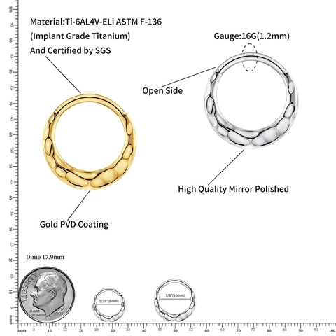Anello al Naso ASTM F136 Titanio 16G Septum Clicker Texture Martellata Segmento a Cerniera Orecchini per Donna Uomo Gioielli