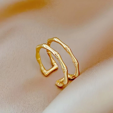 Women's Minimalist Stainless Steel Bamboo Joint Open Ring Adjustable Double Layer 18K Gold Plated Stackable Finger Jewelry