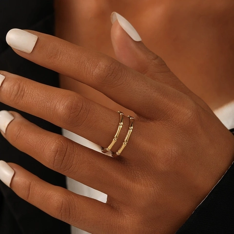 Women's Minimalist Stainless Steel Bamboo Joint Open Ring Adjustable Double Layer 18K Gold Plated Stackable Finger Jewelry