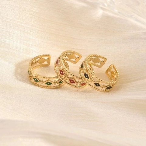 Vintage Stainless Steel Twisted Cable Open Ring 18K Gold Plated Geometric Enamel Adjustable Band Ring Jewelry Gift For Women