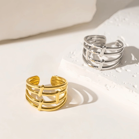 Minimalist Stainless Steel Multi Layer Open Ring For Women Geometric Hollow Out Adjustable Fashion Jewelry Finger Ring