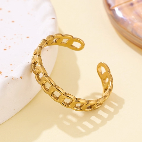 Women Stainless Steel Hollow Chain Ring Gold Silver Plated Adjustable Open Finger Ring Fashion Trendy Minimalist Chic Jewelry Gift