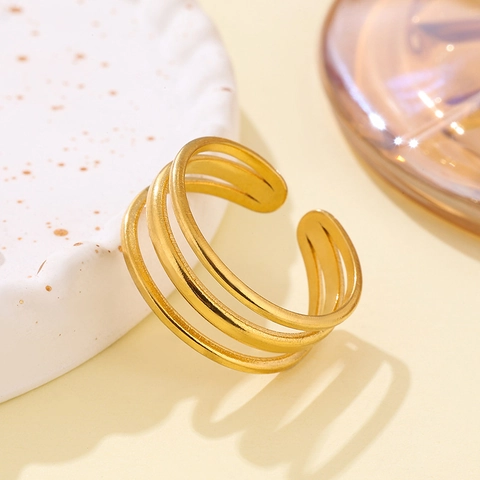 Minimalist Stainless Steel Triple Layer Hollow Open Ring For Women Fashion Light Luxury Gold Silver Adjustable Finger Ring