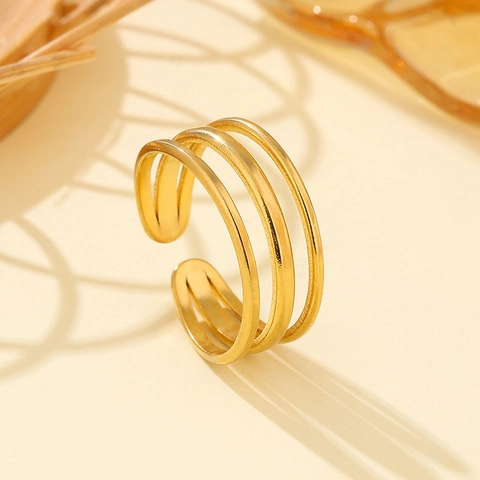 Minimalist Stainless Steel Triple Layer Hollow Open Ring For Women Fashion Light Luxury Gold Silver Adjustable Finger Ring