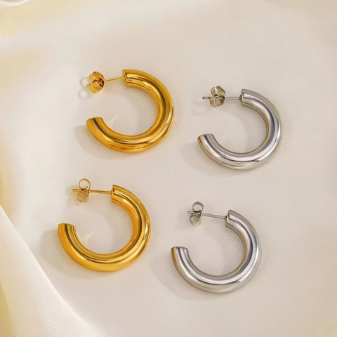 Minimalist Stainless Steel Chunky C-Shape Hoop Earrings For Women 18K Gold Plated High Polish Geometric Trendy Hip Hop Jewelry