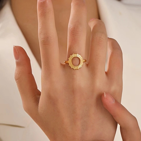 Sunflower Hollow Open Ring Stainless Steel Adjustable Non-fading Waterproof Geometric Textured Fashion Jewelry For Women