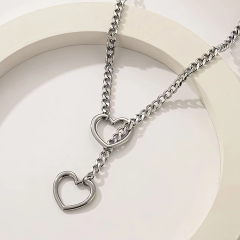 Stainless Steel Lariat Heart Pendant Necklace Punk Rock Cuban Link Y Necklace For Women Men Hip Hop Adjustable Jewelry Gift