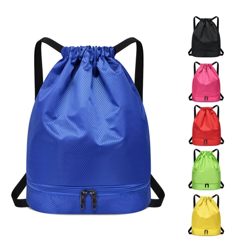 Waterproof Oxford Drawstring Backpack With Dry Wet Separation Bottom Compartment Sports Fitness Swimming Travel Unisex Bag
