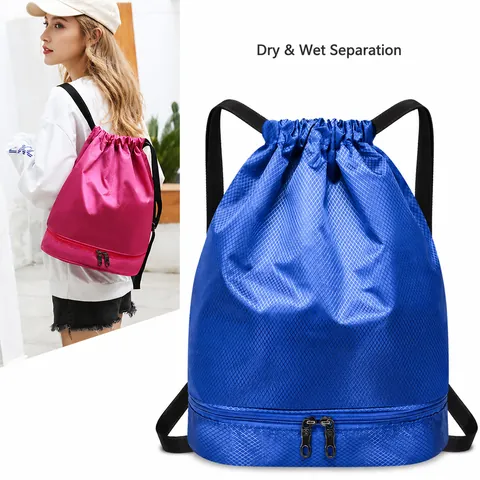 Waterproof Oxford Drawstring Backpack With Dry Wet Separation Bottom Compartment Sports Fitness Swimming Travel Unisex Bag