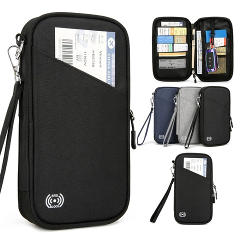 RFID Blockierung Reisepass Hülle Oxford Gewebe Multifunktional Große Kapazität Dokumenten Organizer Tasche Mit Handschlaufe