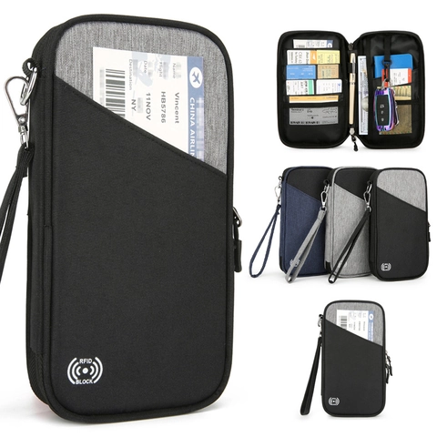 Portapassaporto con Protezione RFID in Tessuto Oxford Idrorepellente Borsa Organizer Documenti di Viaggio a Strati per Carte Contanti