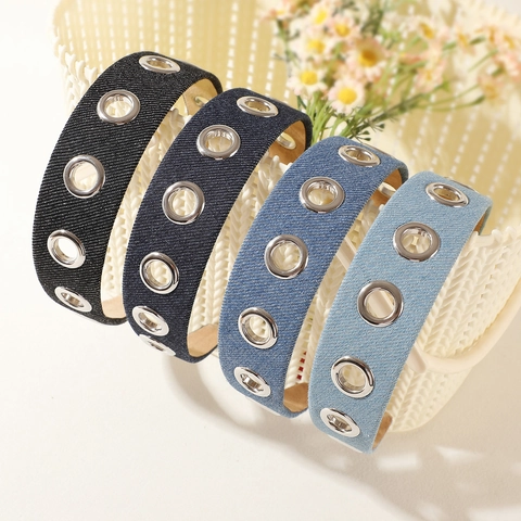 Cerchietto in Denim Punk con Occhielli Vintage Traforato Fascia per Capelli Larga Donna Moda Streetwear Accessorio Capelli