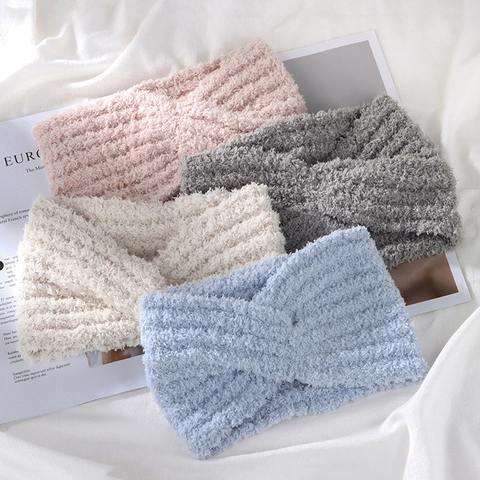 Women Winter Warm Knit Headband Cross Knot Plush Coral Fleece Hair Band Soft Wide Stretch Hair Accessories For Washing Face Sport Daily