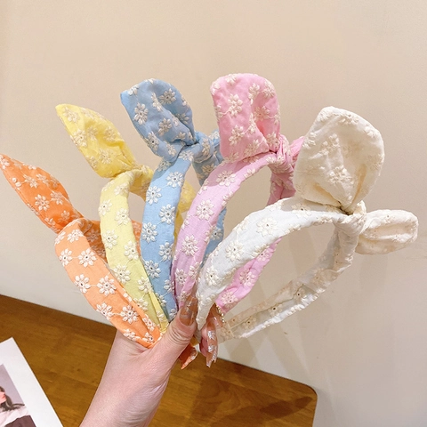 Women Sweet Cute Embroidered Floral Rabbit Ears Headband Fabric Bow Hairband Fresh Style Daily Hair Accessories