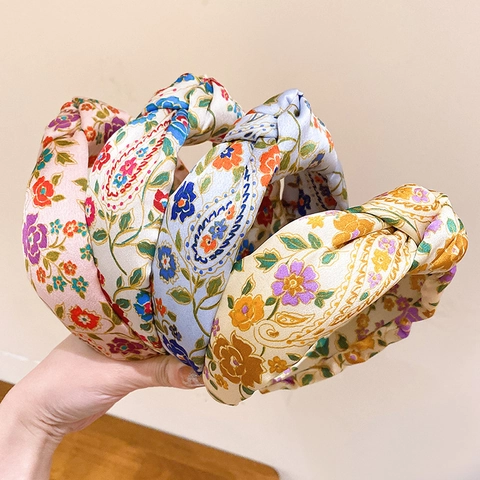 Diadema Anudada con Estampado Bohemio para Mujer Poliéster Vintage Floral Paisley Banda de Pelo de Tela Ancha Vacaciones