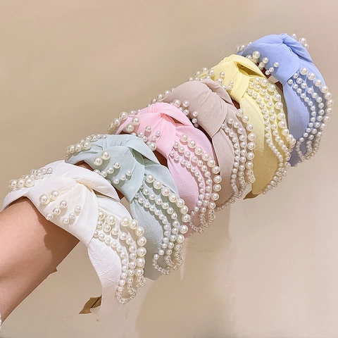 Haarreif Im Koreanischen Stil Mit Imitationsperlen Gedrehter Knoten Breitkrempiger Stoff Elegant Süß Haarschmuck Für Damen Täglich Party