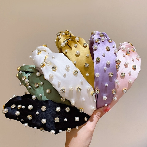 Vintage Satin Twisted Knot Headband For Women With Faux Artificial Pearl And Rhinestone Embellishment Wide Hairband Elegant Hair Accessories