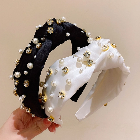 Vintage Satin Twisted Knot Headband For Women With Faux Artificial Pearl And Rhinestone Embellishment Wide Hairband Elegant Hair Accessories