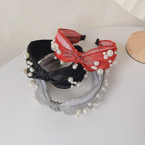 Eleganter Künstliche Perlen Chiffon Haarreif Für Damen Vintage Bogen Twist Haarband Mit Künstlichen Künstliche Perlen Verzierte Mode Haarschmuck Tägliche Party Kopfschmuck