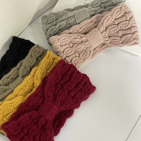 Knitted Bow Headband Women Winter Warm Cable Knit Hair Band Solid Color Thick Crochet Headwrap Face Wash Hair Accessory