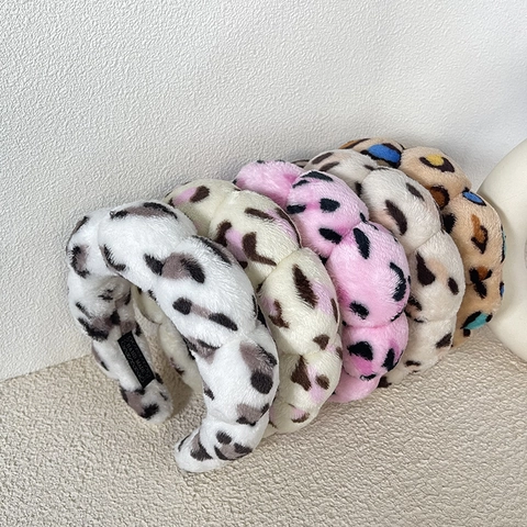 Fascia per Capelli da Donna Leopardata in Peluche Imbottita Morbida Flanella Spugna Spessa Bolla Cerchietto Torsione Accessori Capelli Moda