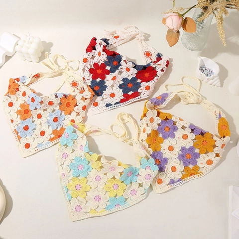 Handgefertigtes Häkel Blumen Dreieckskopftuch Süßer Pastoraler Stil Granny Square Strick Bandana Haarband Für Damen Accessoires