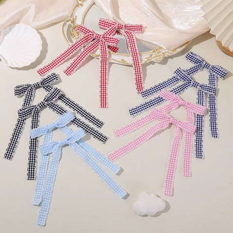 Korean Style Plaid Bow Hair Clip With Long Ribbons Scalloped Lace Edge Sweet Gingham Hairpins For Women Hair Accessories