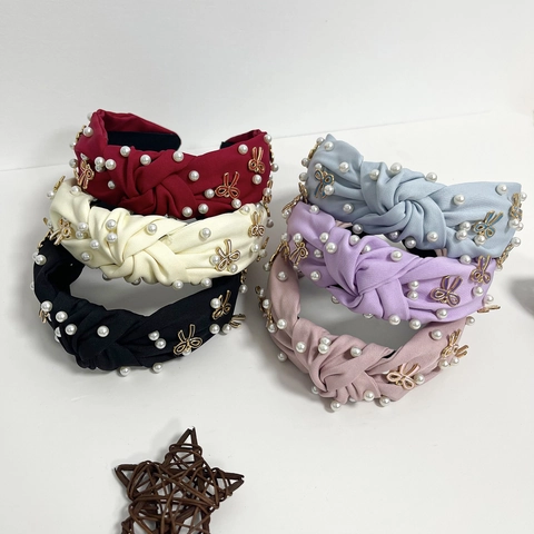 Diadema de Tela Anudada Vintage para Mujer Con Perlas Artificiales de Imitación Y Lazo de Metal Elegante Diadema para Fiesta Diaria Accesorios para el Cabello