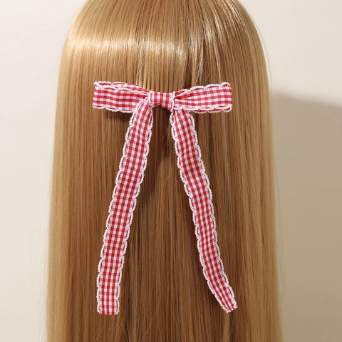 Korean Style Plaid Bow Hair Clip With Long Ribbons Scalloped Lace Edge Sweet Gingham Hairpins For Women Hair Accessories